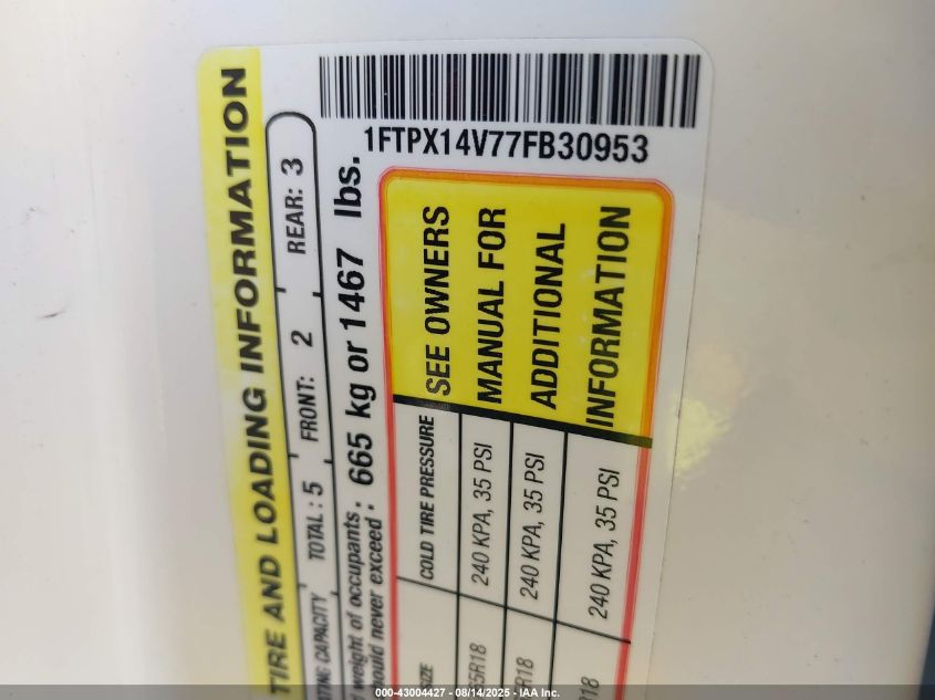 2007 Ford F-150 Fx4/Lariat/Xl/Xlt VIN: 1FTPX14V77FB30953 Lot: 43004427