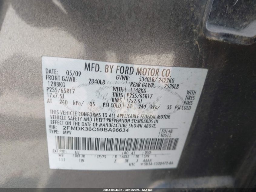 2009 Ford Edge Se VIN: 2FMDK36C59BA96634 Lot: 43004462