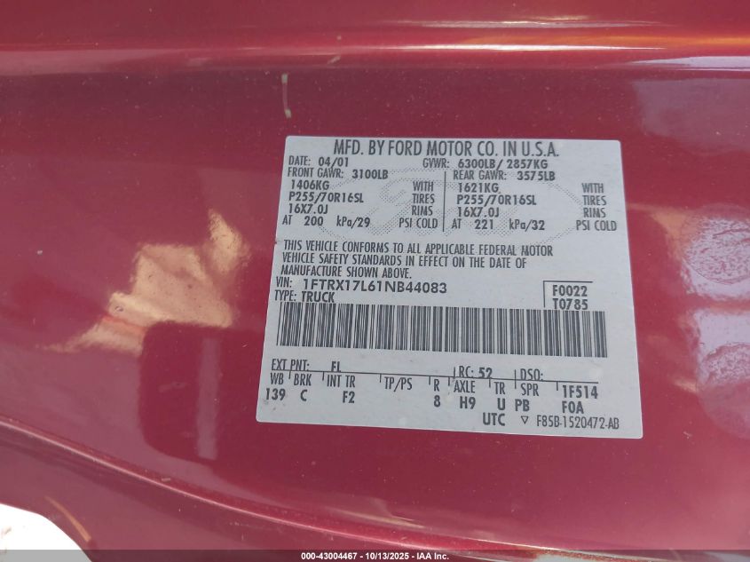 2001 Ford F-150 Lariat/Xl/Xlt VIN: 1FTRX17L61NB44083 Lot: 43004467