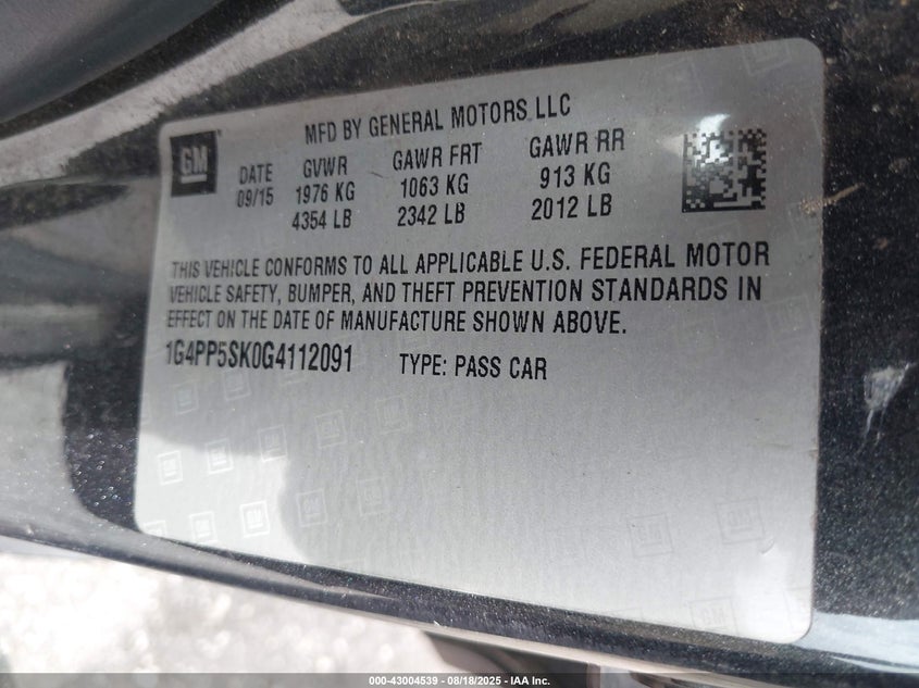 2016 BUICK VERANO 1G4PP5SK0G4112091
