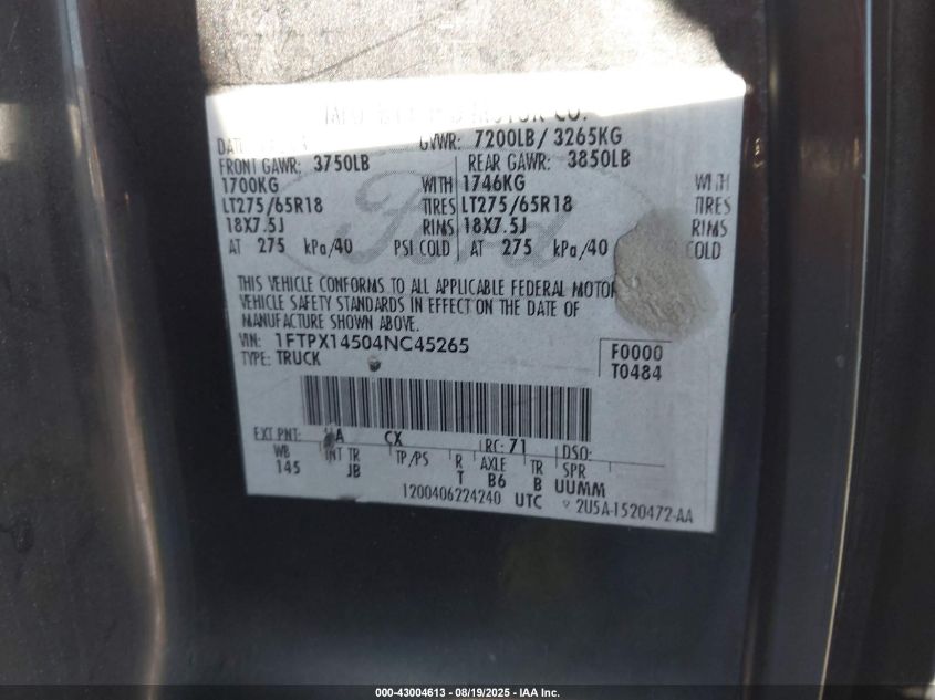 2004 Ford F-150 Fx4/Lariat/Xl/Xlt VIN: 1FTPX14504NC45265 Lot: 43004613