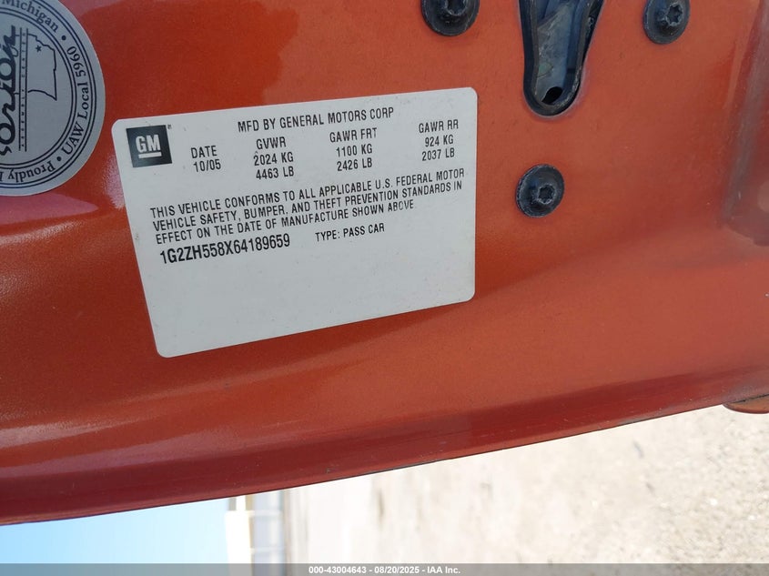 2006 Pontiac G6 Gt VIN: 1G2ZH558X64189659 Lot: 43004643