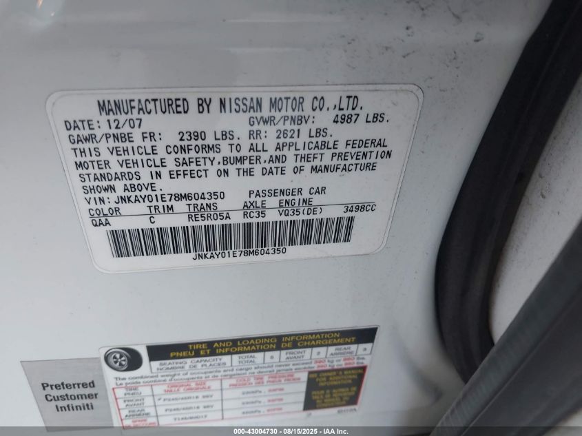 2008 Infiniti M35 VIN: JNKAY01E78M604350 Lot: 43004730
