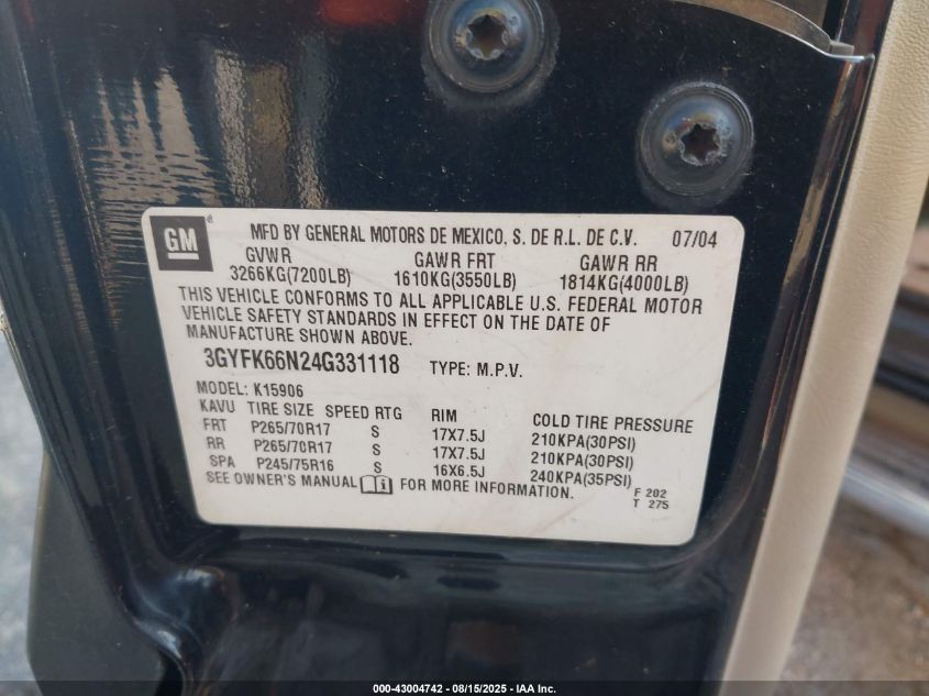 2004 Cadillac Escalade Esv Standard VIN: 3GYFK66N24G331118 Lot: 43004742