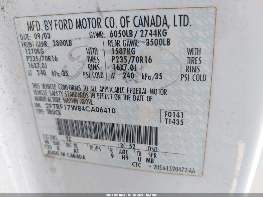 2004 Ford F-150 Heritage Xl/Xlt VIN: 2FTRF17W84CA06410 Lot: 43004831