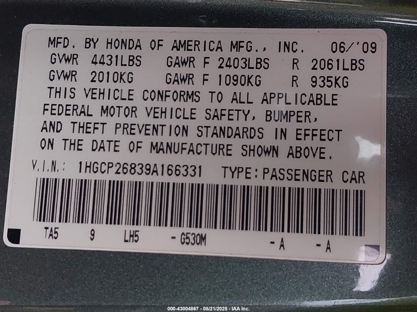 2009 Honda Accord 2.4 Ex-L VIN: 1HGCP26839A166331 Lot: 43004867