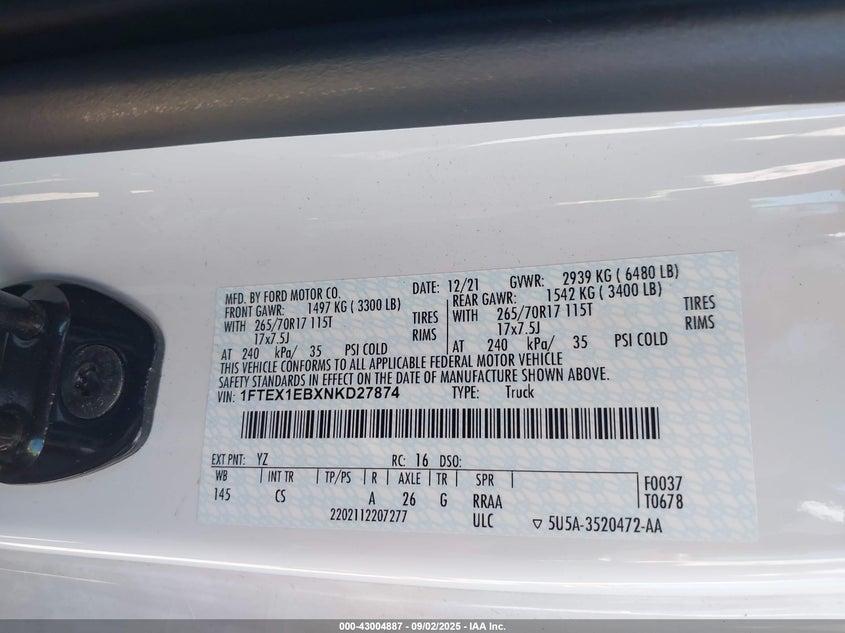 2022 Ford F-150(VIN: 1FTEX1EBXNKD27874