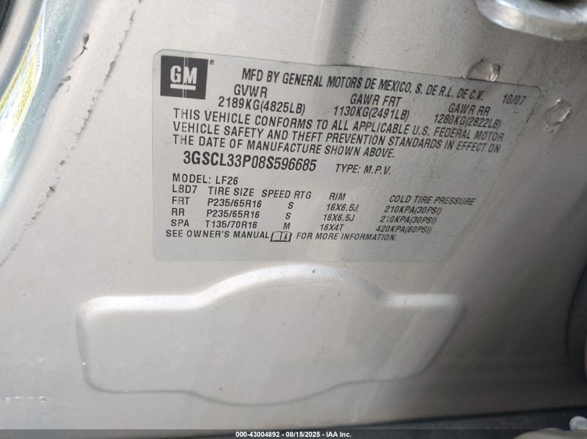 2008 Saturn Vue Xe VIN: 3GSCL33P08S596685 Lot: 43004892