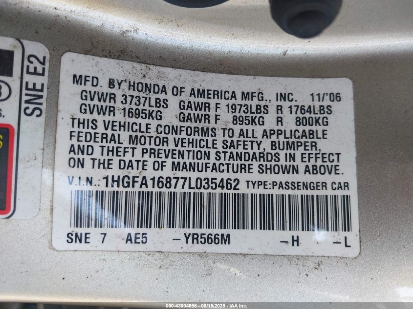2007 Honda Civic Ex VIN: 1HGFA168771034562 Lot: 43004898