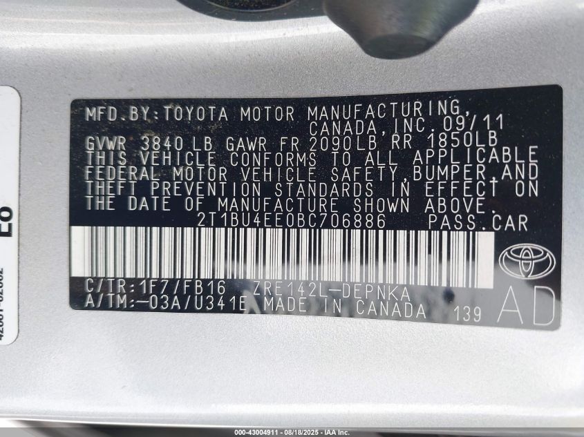 2011 Toyota Corolla Le VIN: 2T1BU4EE0BC706886 Lot: 43004911