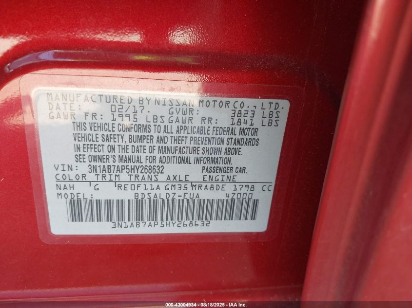 2017 Nissan Sentra Sv VIN: 3N1AB7AP5HY268632 Lot: 43004934