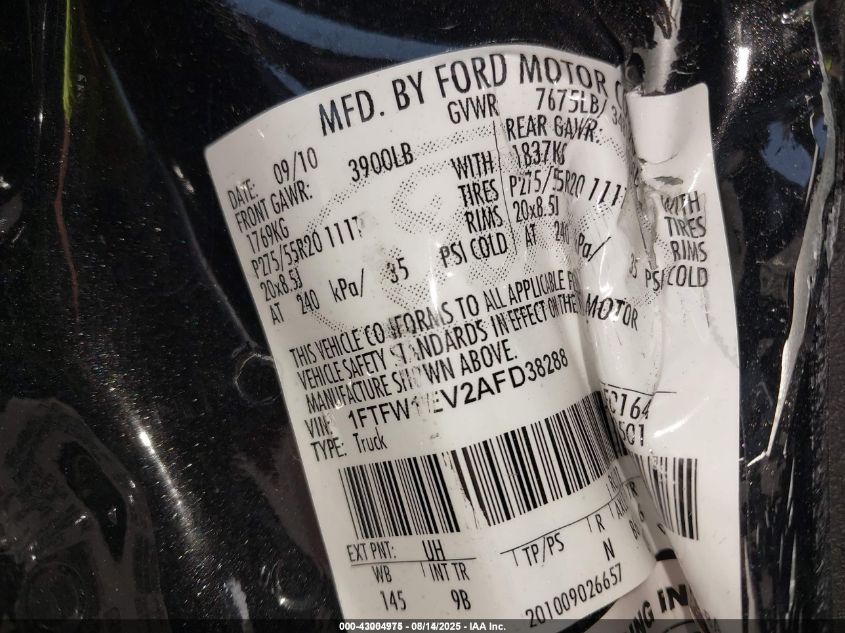 2010 Ford F-150 Fx4/Harley-Davidson/King Ranch/Lariat/Platinum/Xl/Xlt VIN: 1FTFW1EV2AFD38288 Lot: 43004975