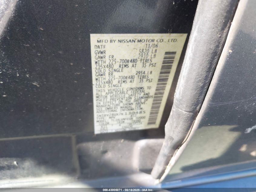 2007 Nissan Quest 3.5 Se VIN: 5N1BV28UX7N130485 Lot: 43005071