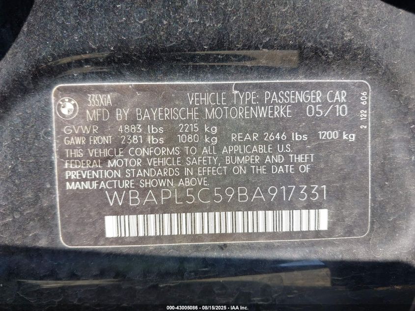 2011 BMW 335I xDrive VIN: WBAPL5C59BA917331 Lot: 43005086