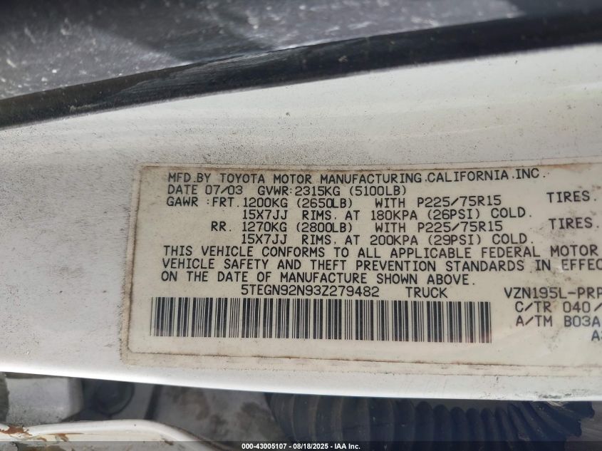 2003 Toyota Tacoma Prerunner V6 VIN: 5TEGN92N93Z279482 Lot: 43005107
