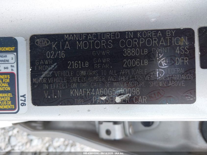 2016 Kia Forte Lx VIN: KNAFK4A60G5610098 Lot: 43005208
