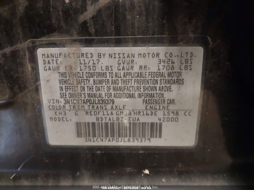 2018 Nissan Versa 1.6 Sv VIN: 3N1CN7AP0JL839379 Lot: 43005327