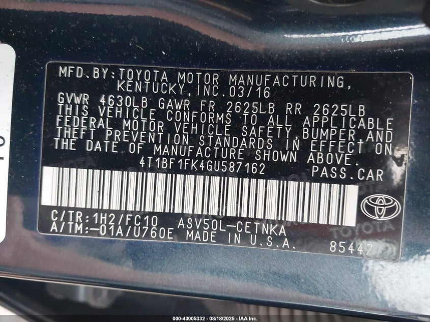 2016 Toyota Camry Le VIN: 4T1BF1FK4GU587162 Lot: 43005332