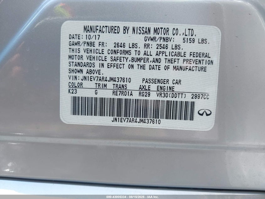 VIN JN1EV7AR4JM437610 2018 INFINITI Q50 3.0T LUXE