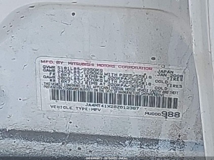 2008 Mitsubishi Outlander Xls VIN: JA4MT41X28Z012387 Lot: 43005471