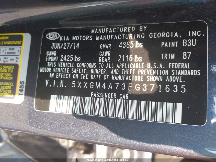 2015 Kia Optima Lx VIN: 5XXGM4A73FG371635 Lot: 43005479