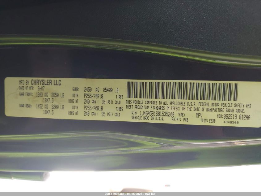 2008 Jeep Wrangler Unlimited Sahara VIN: 1J4GA59168L535200 Lot: 43005488