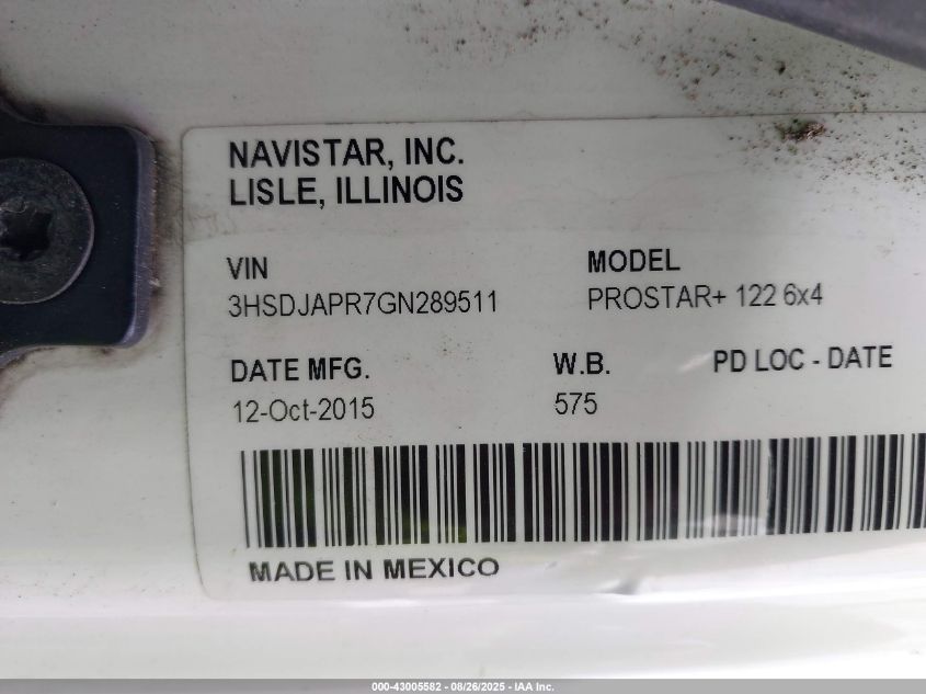 2016 International Prostar VIN: 3HSDJAPR7GN289511 Lot: 43005582