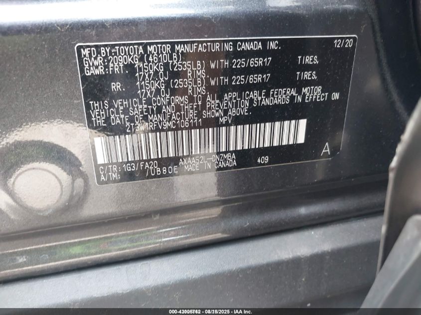 2021 Toyota Rav4 Xle VIN: 2T3W1RFV9MC106111 Lot: 43005762