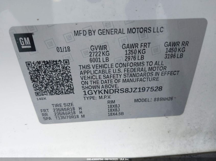 2018 Cadillac Xt5 Luxury VIN: 1GYKNDRS8JZ197528 Lot: 43005794