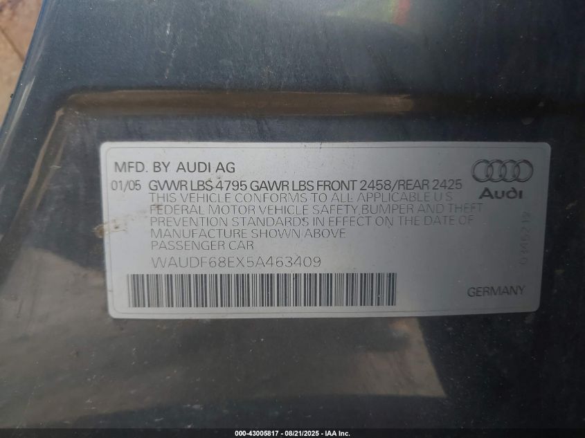 2005 Audi A4 2.0T VIN: WAUDF68EX5A463409 Lot: 43005817