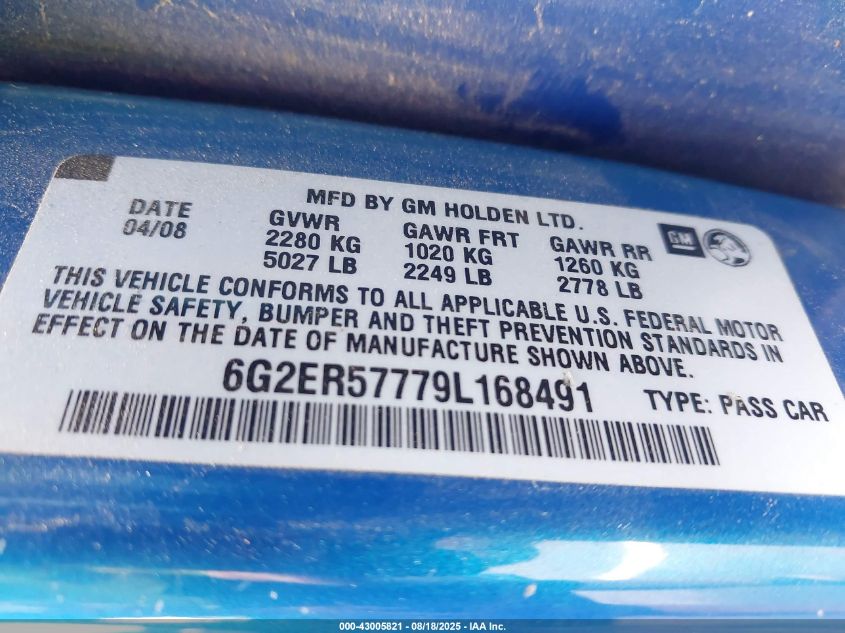 2009 Pontiac G8 VIN: 6G2ER57779L168491 Lot: 43005821