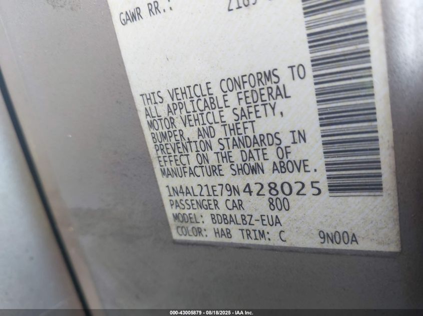 2009 Nissan Altima 2.5 S VIN: 1N4AL21E79N428025 Lot: 43005879