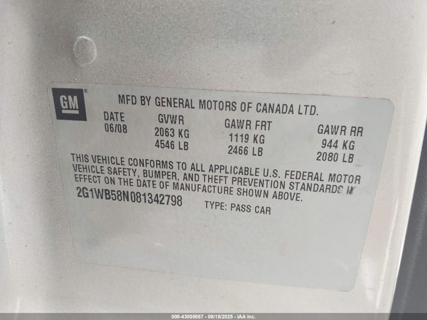 2008 Chevrolet Impala Ls VIN: 2G1WB58N081342798 Lot: 43005887