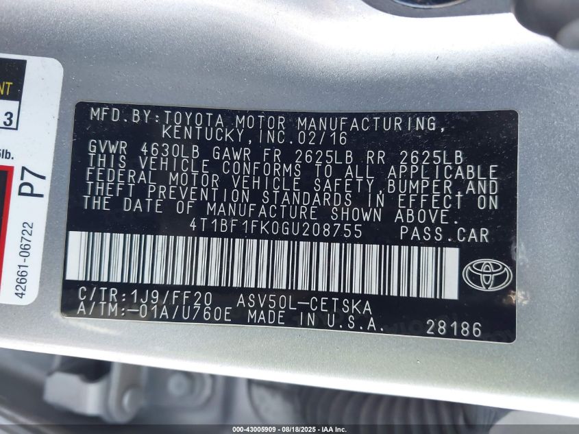 2016 TOYOTA CAMRY SE - 4T1BF1FK0GU208755
