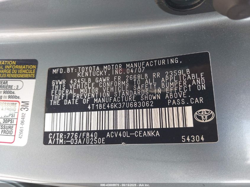 2007 Toyota Camry Le VIN: 4T1BE46K37U683062 Lot: 43005970