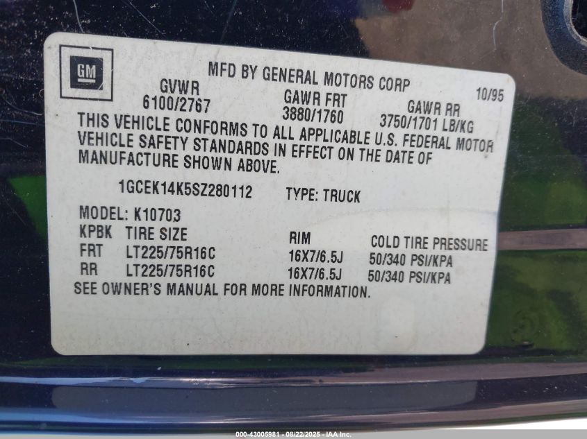 1995 Chevrolet Gmt-400 K1500 VIN: 1GCEK14K5SZ280112 Lot: 43005981