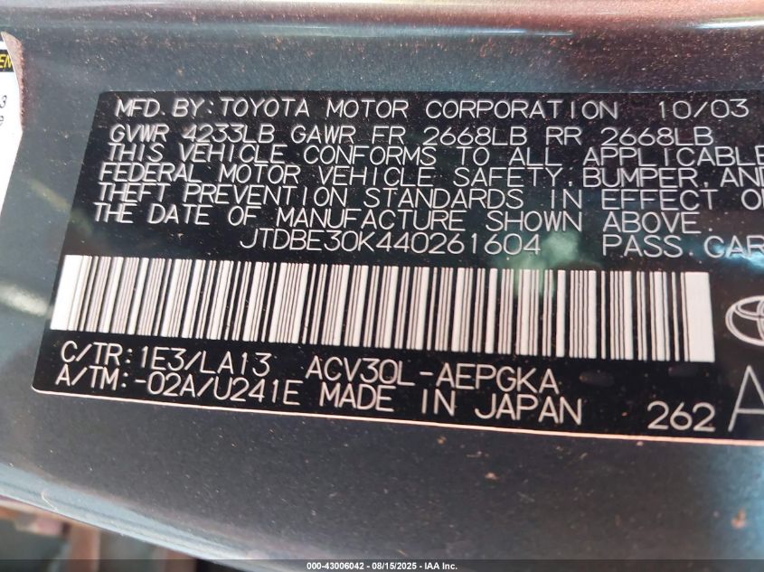 2004 Toyota Camry Xle VIN: JTDBE30K440261604 Lot: 43006042