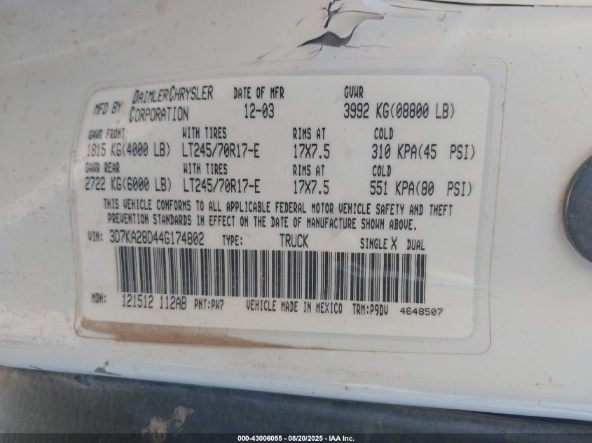 2004 Dodge Ram 2500 St VIN: 3D7KA28D44G174802 Lot: 43006055