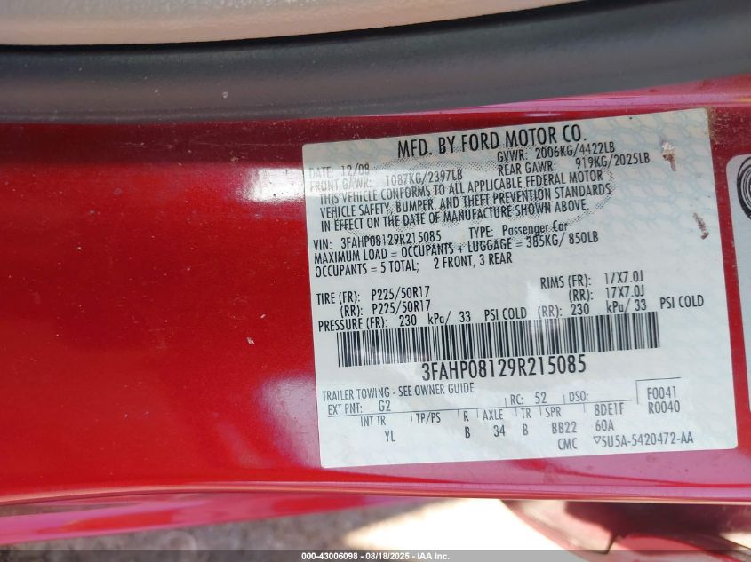 2009 Ford Fusion Sel VIN: 3FAHP08129R215085 Lot: 43006098