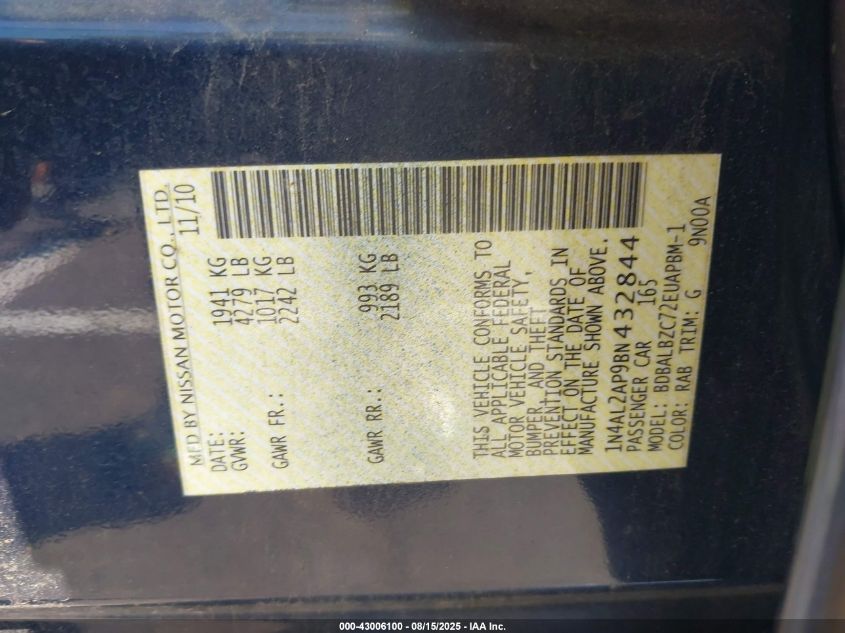 2011 Nissan Altima 2.5 S VIN: 1N4AL2AP9BN432844 Lot: 43006100