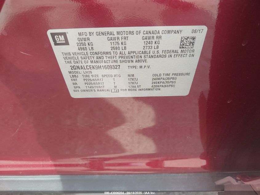 2017 Chevrolet Equinox Lt VIN: 2GNALCEK9H1609327 Lot: 43006204