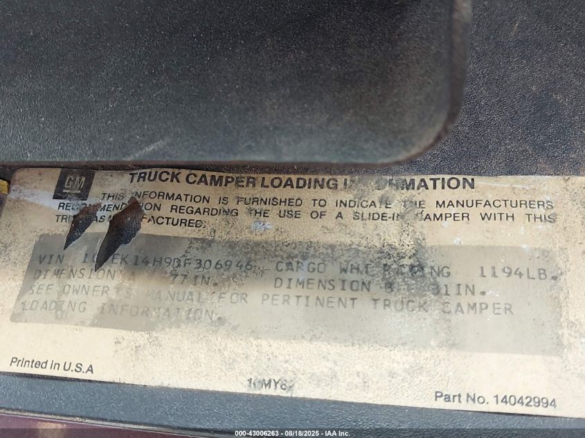 1983 Chevrolet K10 VIN: 1GCEK14H9DF306946 Lot: 43006263