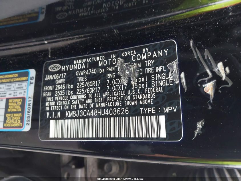2017 Hyundai Tucson Se VIN: KM8J3CA48HU403626 Lot: 43006333