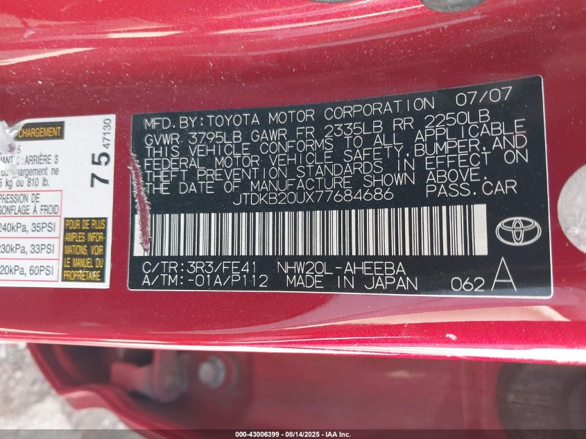2007 Toyota Prius VIN: JTDKB20UX77684686 Lot: 43006399