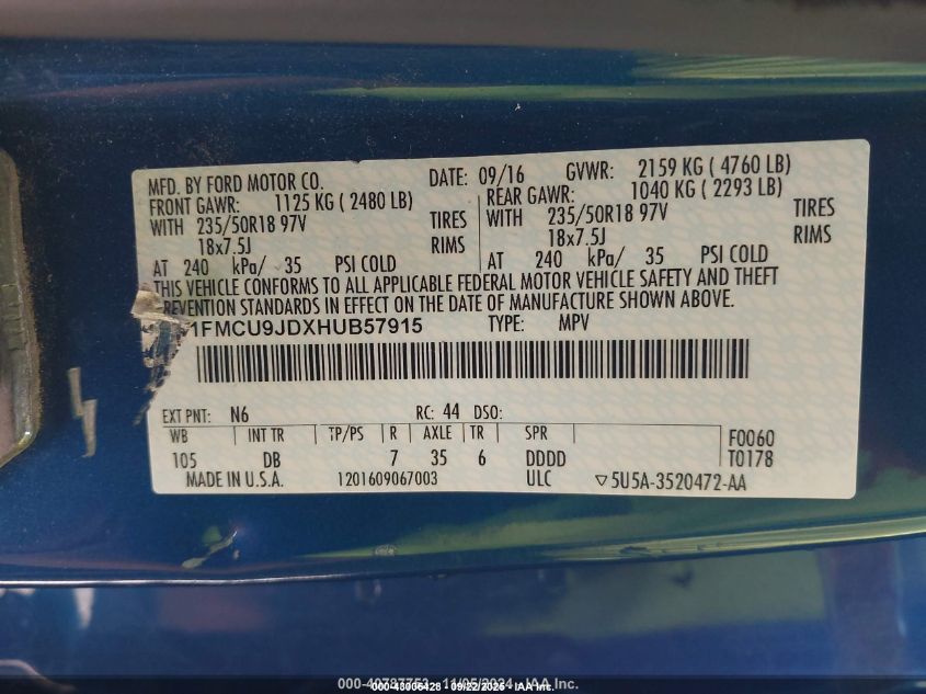 2017 Ford Escape Titanium VIN: 1FMCU9JDXHUB57915 Lot: 43006428