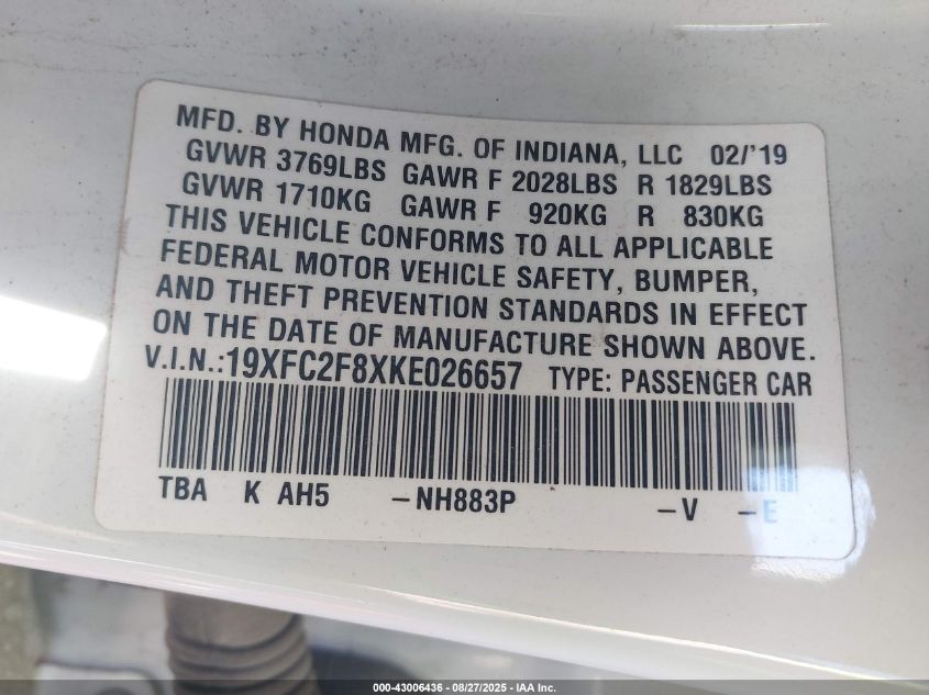 2019 Honda Civic Sport VIN: 19XFC2F8XKE026657 Lot: 43006436