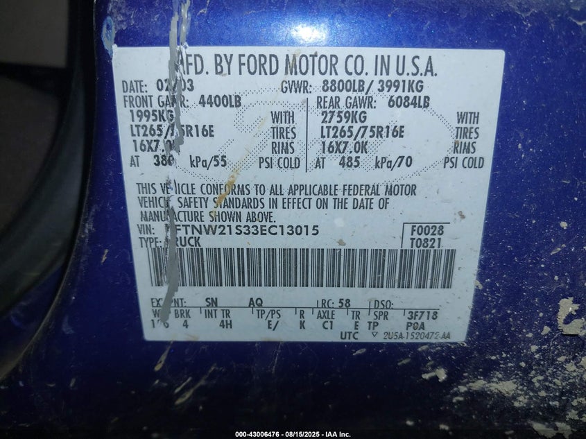 2003 Ford F-250 Lariat/Xl/Xlt VIN: 1FTNW21S33EC13015 Lot: 43006476
