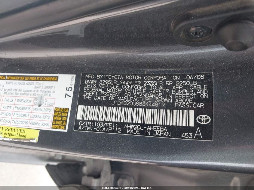 2008 Toyota Prius VIN: JTDKB20U883444819 Lot: 43006482