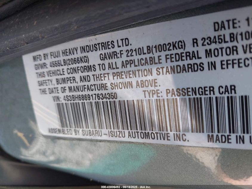 2001 Subaru Outback Limited VIN: 4S3BH686917634350 Lot: 43006492