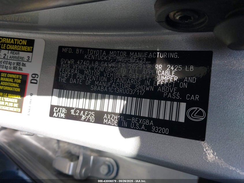 2024 Lexus Es 300h 2.5 F Sport Handling Silver Lot 111043006579 Vin 58ABA1C13RU037117